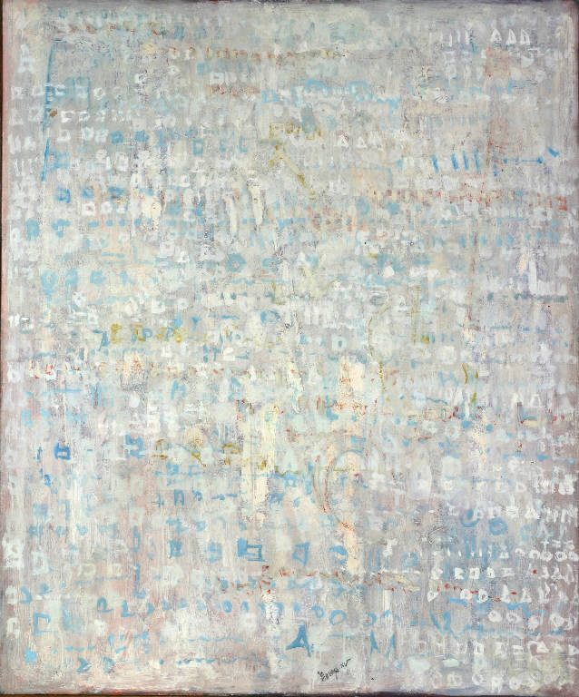 Senza titolo n. 1, Composizione di forme e segni liberi (dipinto, opera isolata) di Marengo Luigi (terzo quarto sec. XX)