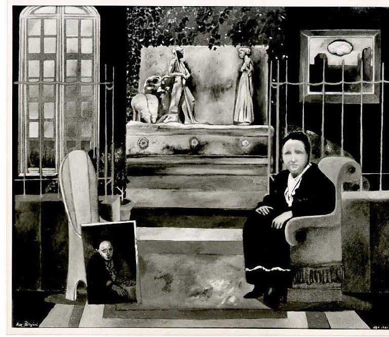 Geltrude Stein e il suo ritratto, Interno con figura femminile (dipinto, opera isolata) di Pellegrini Max (ultimo quarto sec. XX)