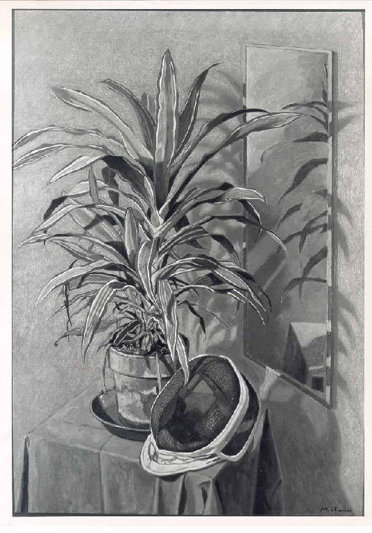 Maschera, Natura morta con pianta e maschera di fioretto|| (dipinto, opera isolata) di Chessa Mauro (ultimo quarto sec. XX)