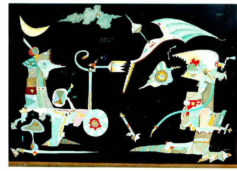 I nuovi arnesi del mostro, Combattimento tra mostri (dipinto, opera isolata) di Chimenti Pino (ultimo quarto sec. XX)