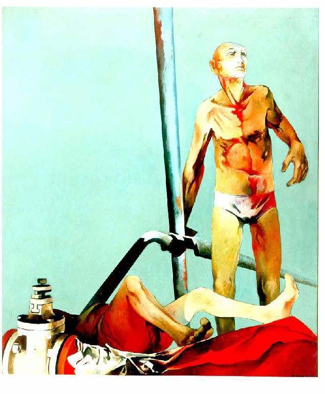 Giorno di festa al sole, Figure maschili nude (dipinto, opera isolata) di Timoncini Luigi (terzo quarto sec. XX)