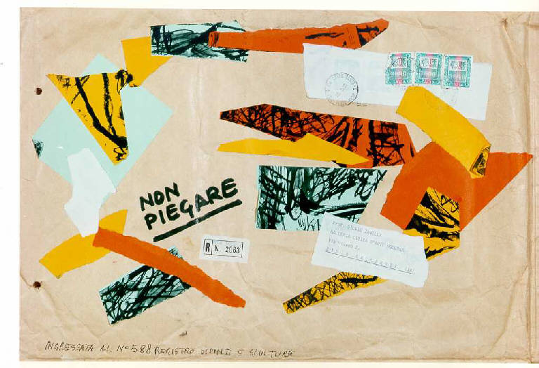 Busta mail-art, Frammenti di carta e bolli (dipinto, opera isolata) di Pollacci Bruno (ultimo quarto sec. XX)