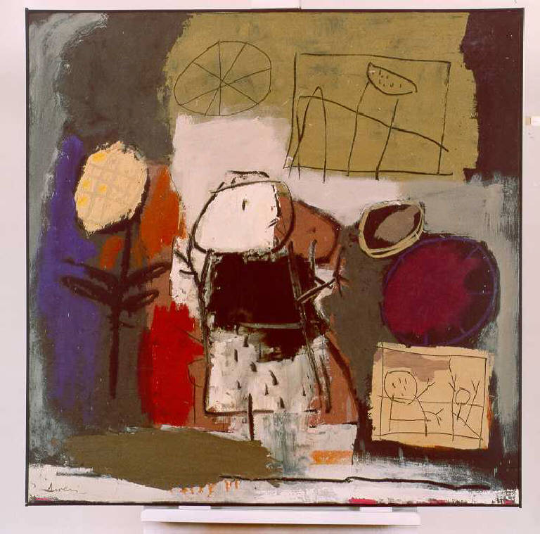 Composizione, Figure infantili in campo informale (dipinto, opera isolata) di Asveri Gianfranco (ultimo quarto sec. XX)