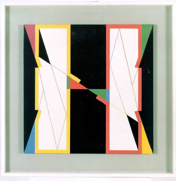 Apertura di due spazi opposti con percorsi di colore e risultanze in uno spazio negativo, Composizione di figure geometriche (dipinto, opera isolata) di Frangi Reale Francesco (ultimo quarto sec. XX)