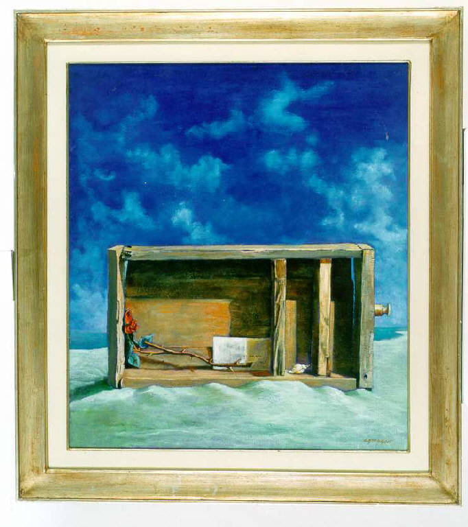 Sulla spiaggia, Cassetto sulla spiaggia (dipinto, opera isolata) di Cattagni Giuseppe (fine sec. XX)