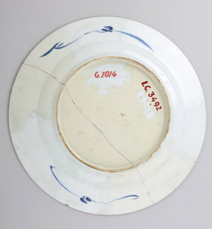 Motivi decorativi vegetali, Motivi decorativi augurali, Architettura, Figura femminile, Gru (piatto) - manifattura giapponese (?) (secc. XVIII/ XIX)