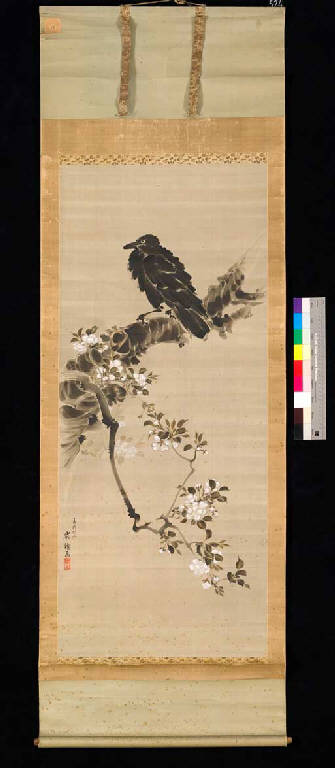 Corvo su ramo fiorito (dipinto) - ambito giapponese (secc. XVIII/ XIX)