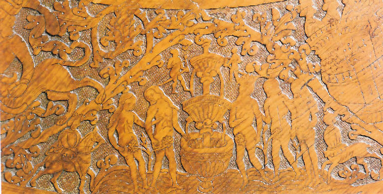 Caccia al cervo, Fontana d'Amore, Tristano e Isotta, Giudizio di Paride (tavolo) - bottega veneta (seconda metà sec. XV)
