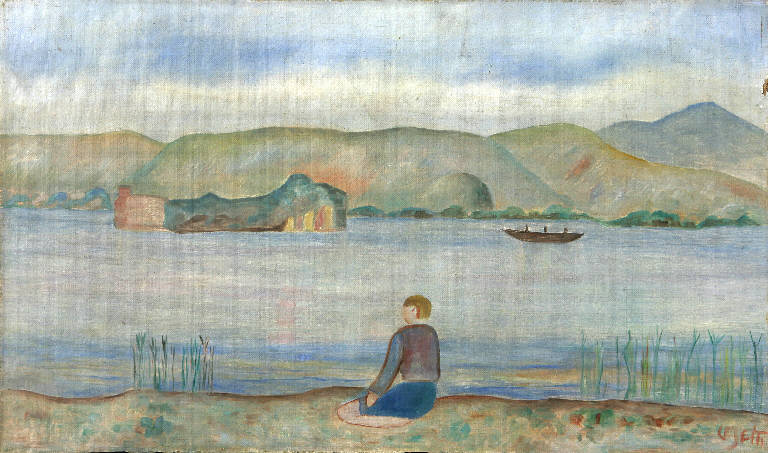 Ragazzo in riva al lago, Paesaggio lacustre con ragazzo (dipinto, opera isolata) di Cesetti, Giuseppe (metà sec. XX)