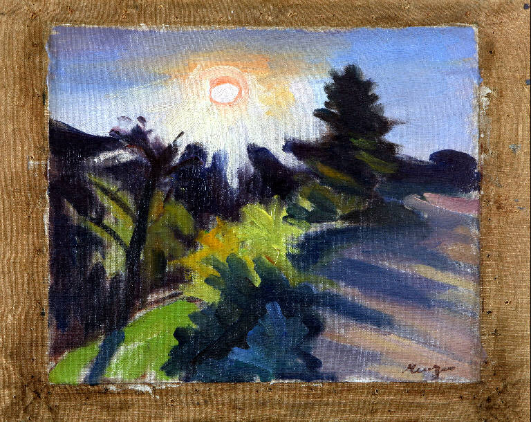 Controluce, Paesaggio con alberi e sole (dipinto, opera isolata) di Menzio, Francesco (metà sec. XX)