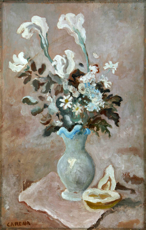 Fiori, Vaso con fiori e frutto (dipinto, opera isolata) di Carena, Felice (prima metà sec. XX)