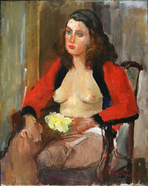 Modella con rosa, Figura femminile con in mano un fiore (dipinto, opera isolata) di Frisia, Donato (prima metà sec. XX)