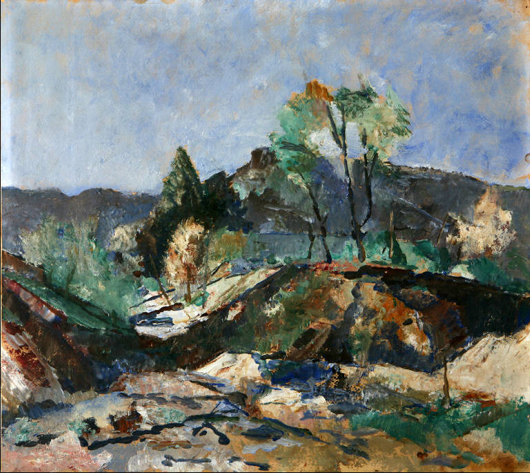 Vecchia cava - Erno (Solcio), Paesaggio con alberi e cava di pietre (dipinto, opera isolata) di Penagini, Siro (inizio sec. XX)