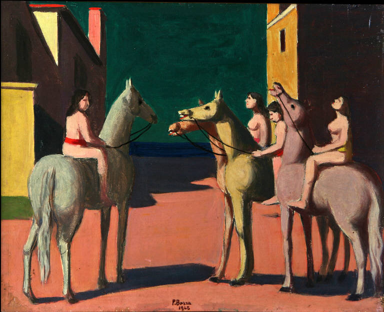 Le cavallerizze, Paesaggio con donne a cavallo (dipinto, opera isolata) di Borra, Pompeo (prima metà sec. XX)