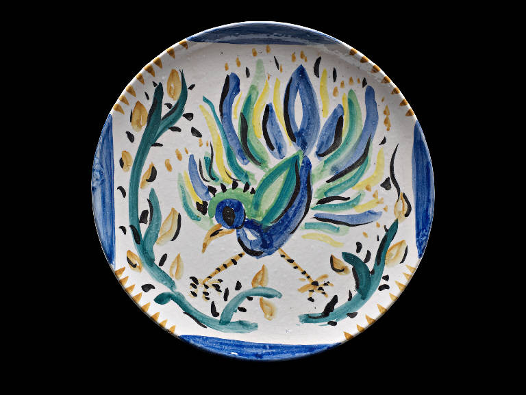 Piatto con decoro uccello bleu e verde, Piatto in ceramica decorato con un piccolo uccello (piatto, opera isolata) di Borio, Fernanda (metà sec. XX)