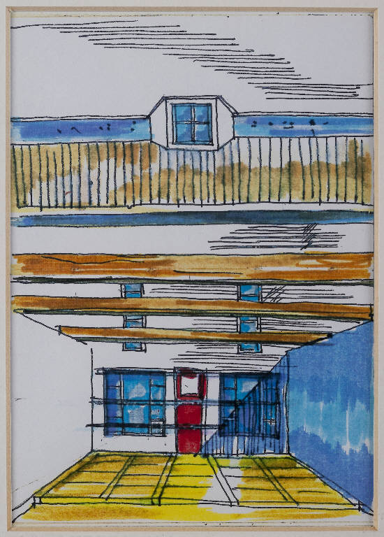 Schizzi di architettura, Architettura di un interno in prospettiva (disegno, opera isolata) di Introini, Vittorio (ultimo quarto sec. XX)