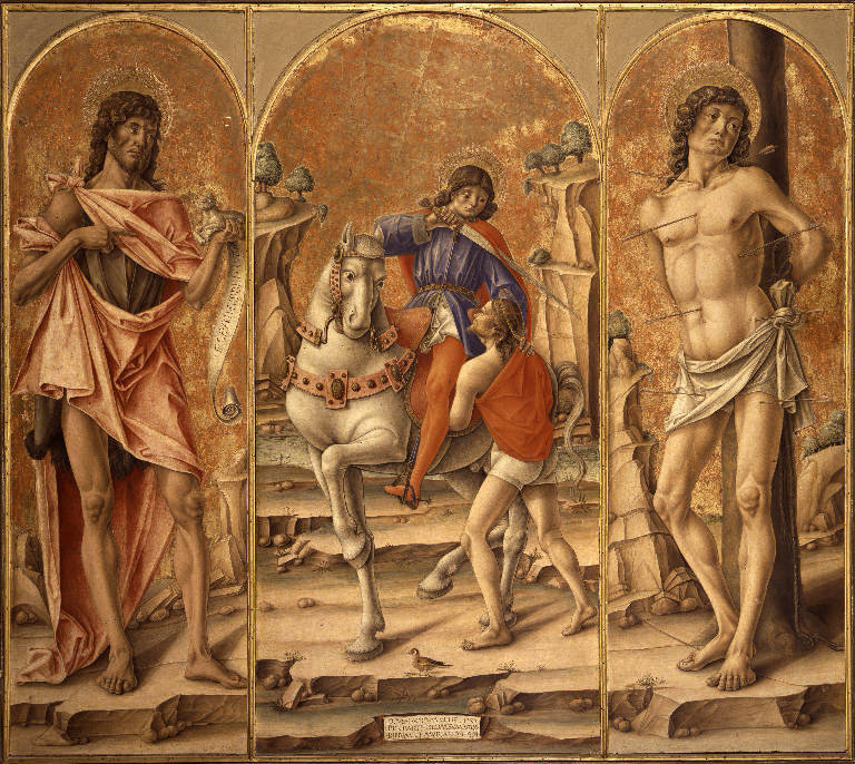 San Martino dona parte del mantello al povero e Santi (dipinto, insieme) di Vivarini Bartolomeo (sec. XV)