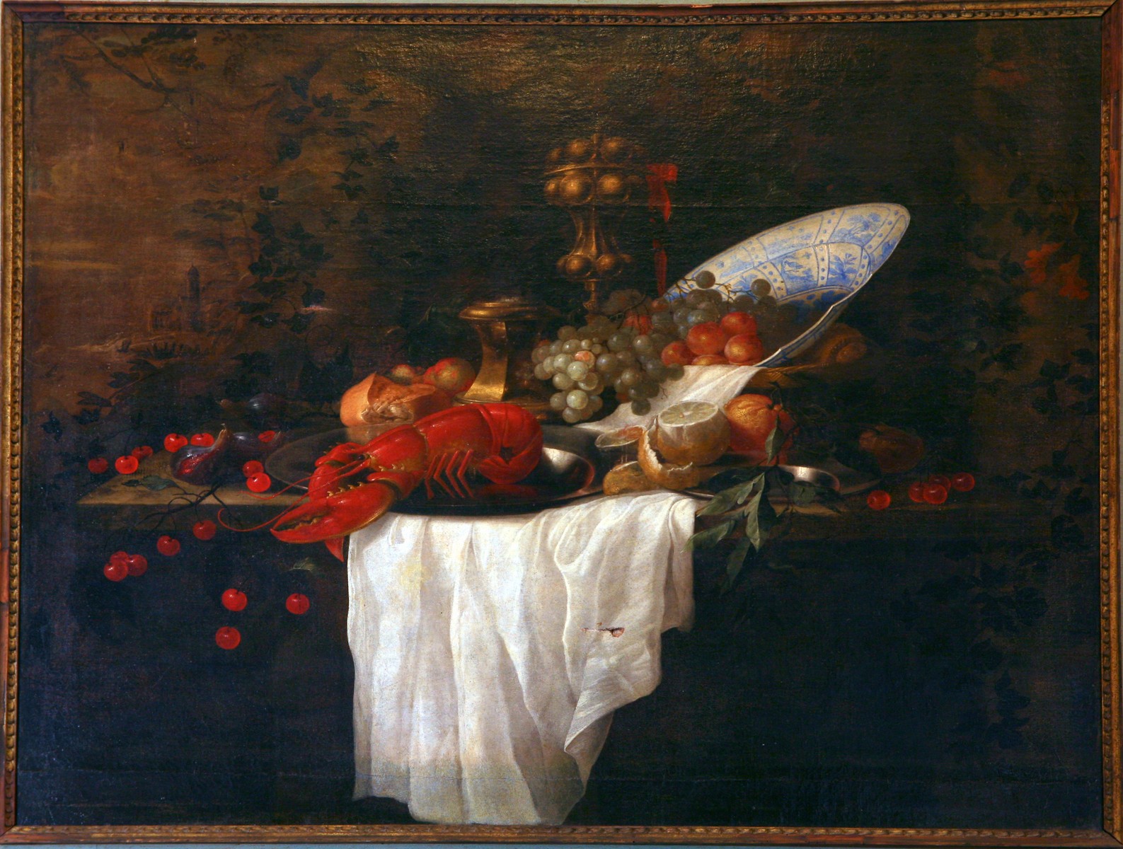 Natura morta con fiori, frutta, aragosta e limone, Natura morta (dipinto) di Jan Davidsz de Heem (scuola) (metà sec. XVII)