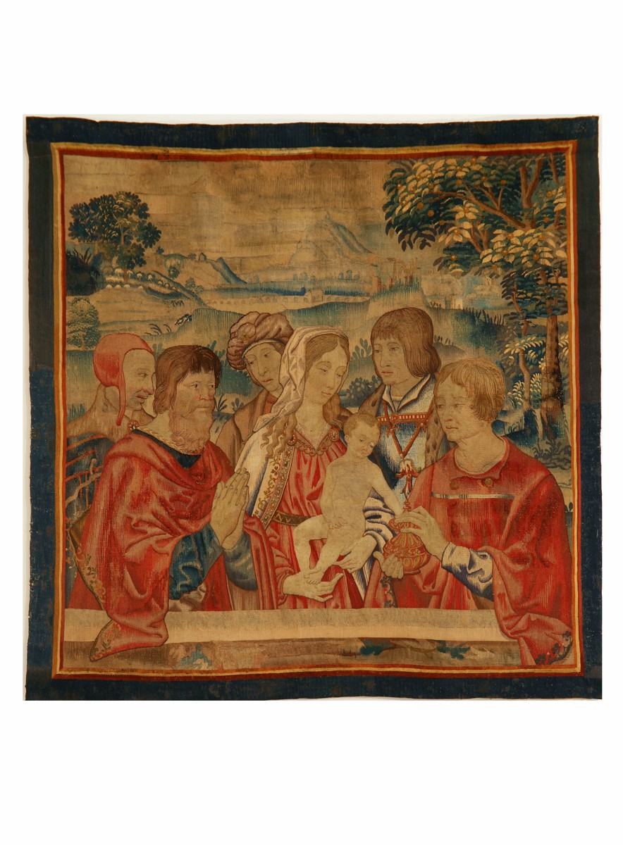 Madonna con Bambino e cinque astanti, Scena sacra (arazzo) - manifattura di Bruxelles (secondo quarto sec. XVI)