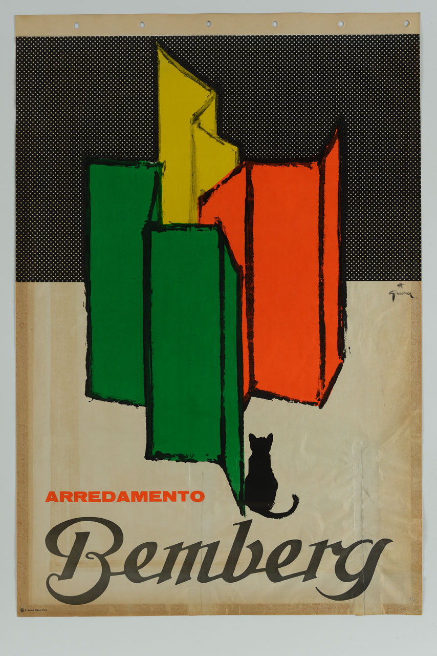 gatto accanto a paraventi (manifesto) di Gruau René (terzo quarto sec. XX)