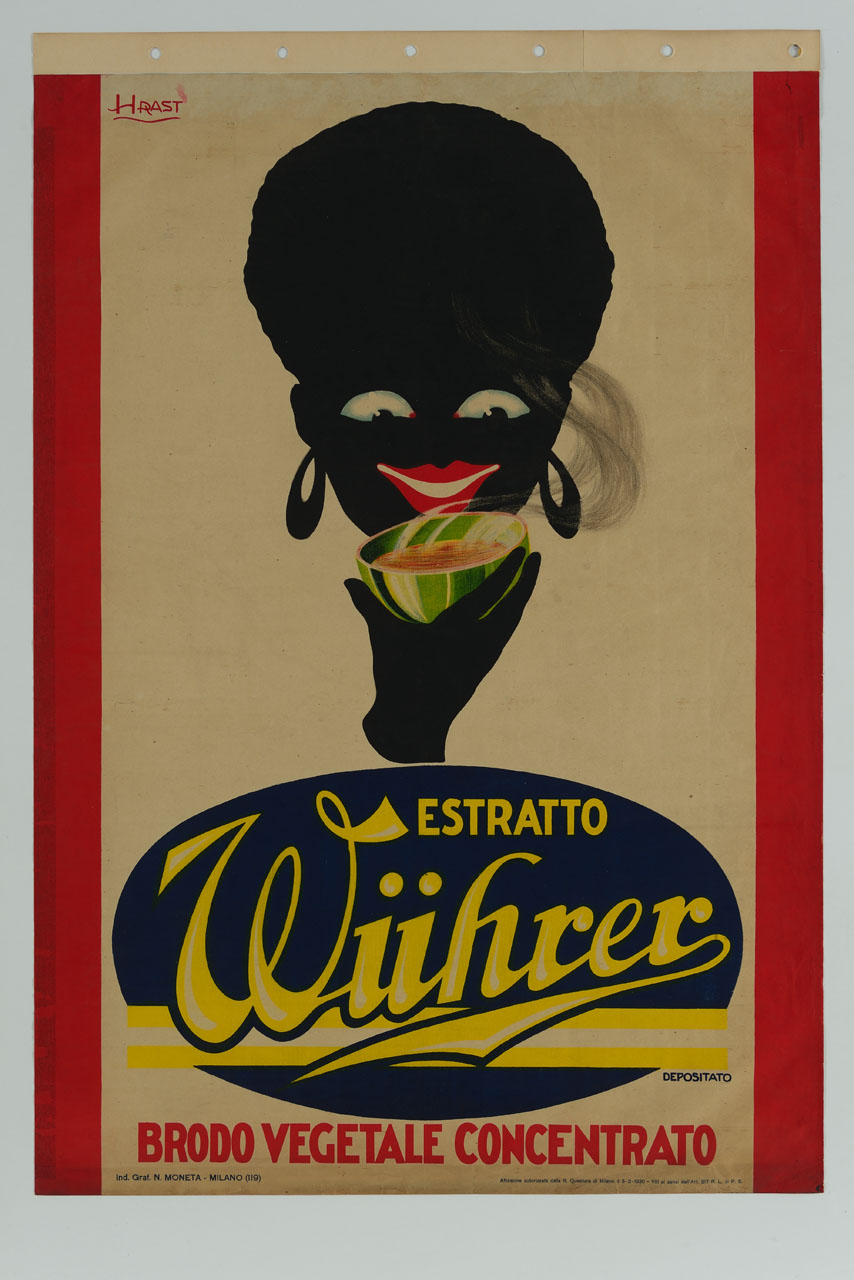 donna di colore annusa ciotola con brodo vegetale (manifesto) di Hrast Svetozar (sec. XX)