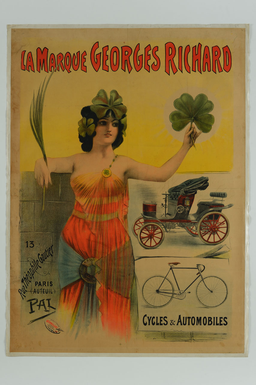 figura femminile allegorica con quadrifoglio e palma accanto a manifesto con automobile a bicicletta (manifesto) di Paleologue Jean / de Paleologu Jean (fine sec. XIX)