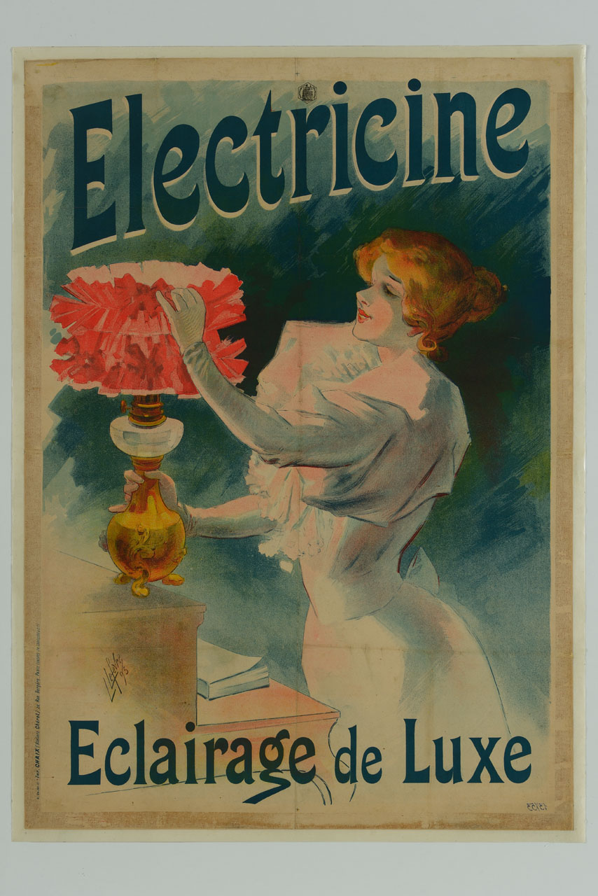 signora allo scrittoio con lampada accesa (manifesto) di Lefevre Lucien (sec. XIX)