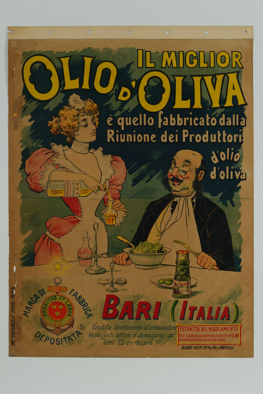 domestica serve dell'olio d'oliva ad un uomo a tavola (manifesto) - ambito francese (fine sec. XIX)