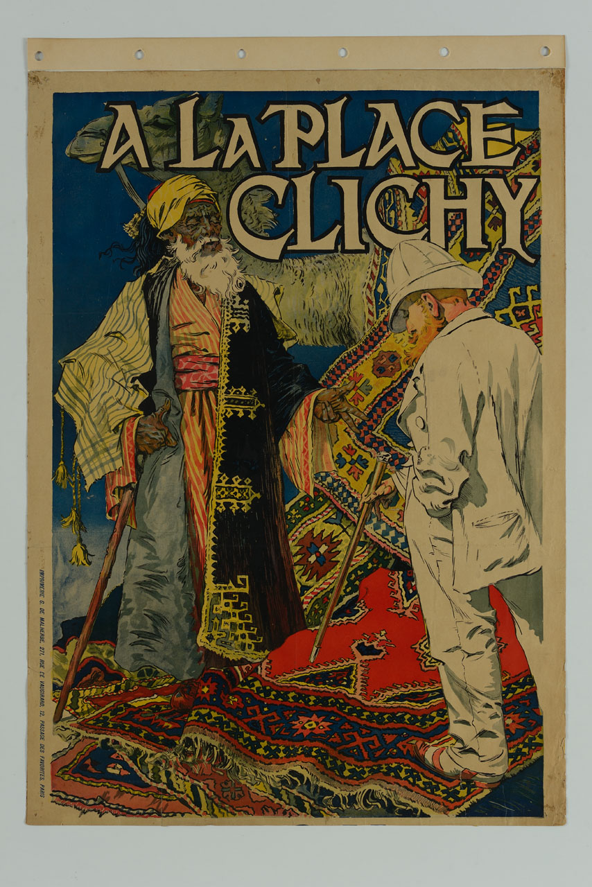 venditore di tappeti egiziano mostra dei tappeti ad un compratore in abiti occidentali (manifesto) di Grasset Eugene Samuel (sec. XIX)