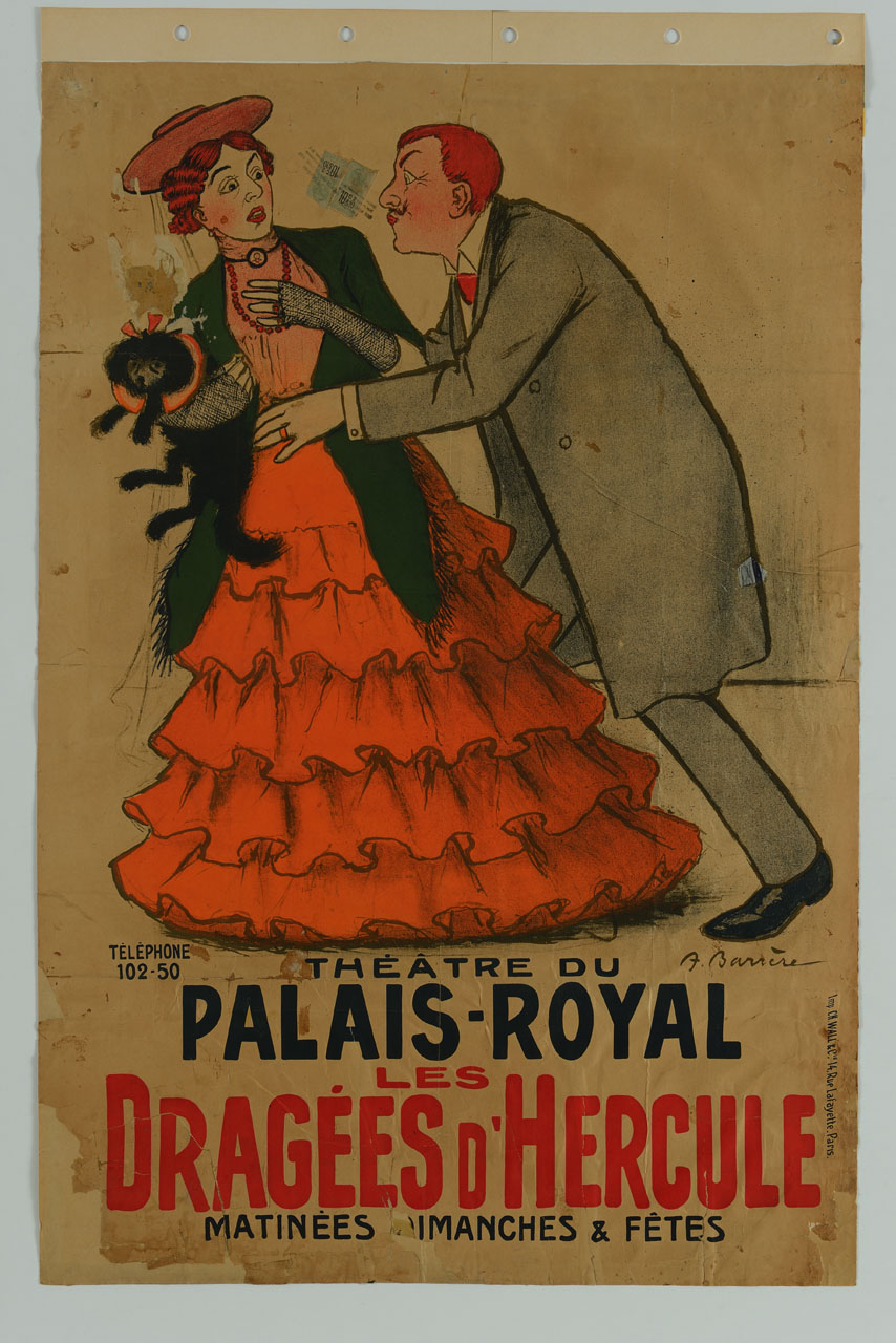 uomo tenta di baciare una signora con cane (manifesto) di Barrere Adrien (inizio sec. XX)