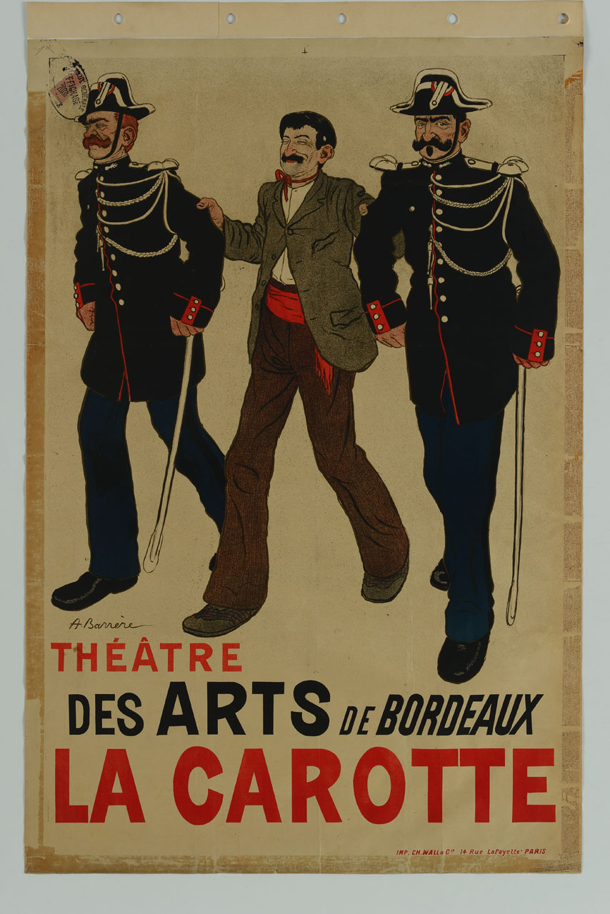uomo scorta due gendarmi (manifesto) di Barrere Adrien (inizio sec. XX)
