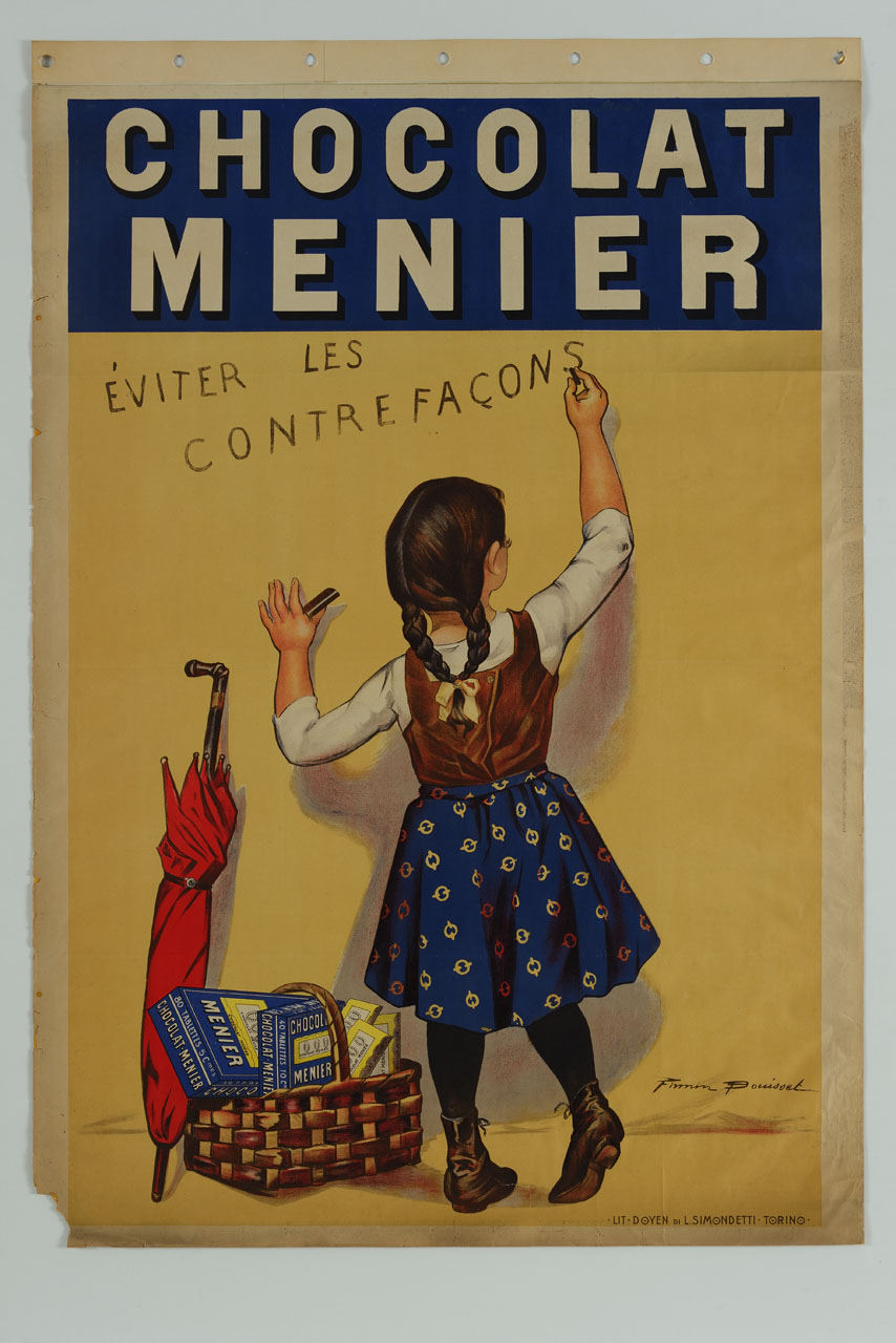 bambina con cestino di tavolette di cioccolato scrive su un muro (manifesto) di Bouisset Firmin (fine sec. XIX)