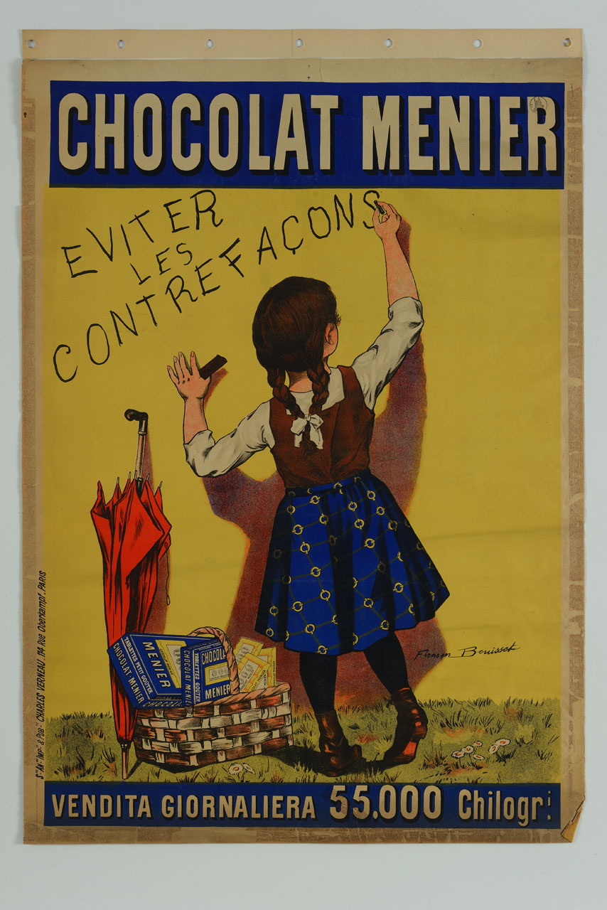 bambina con cestino di tavolette di cioccolato scrive su un muro (manifesto) di Bouisset Firmin (fine sec. XIX)