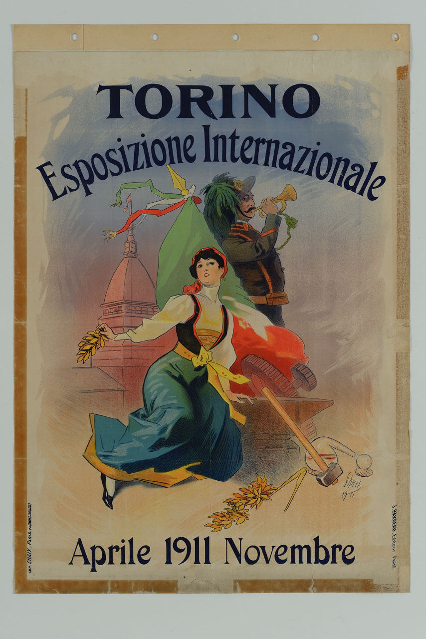bersagliere e donna in abiti tradizionali sullo sfondo della Mole Antonelliana di Torino (manifesto) di Chéret Jules (sec. XX)