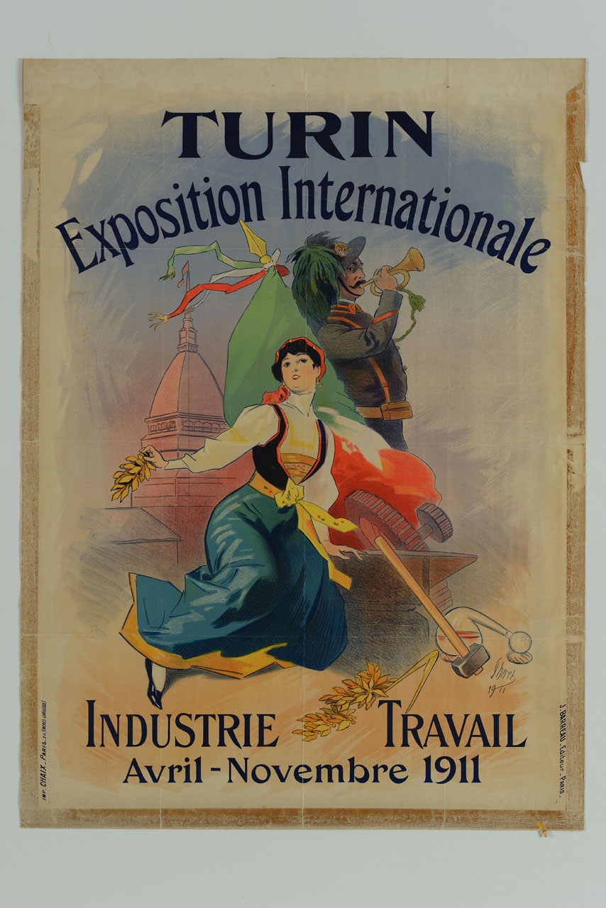 bersagliere e donna in abiti tradizionali sullo sfondo della Mole Antonelliana di Torino (manifesto) di Chéret Jules (sec. XX)