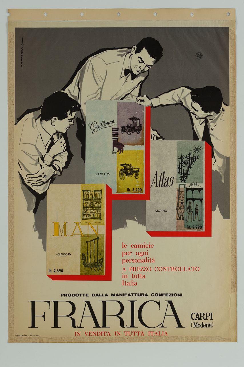 uomini osservano scatole per camicie maschili (manifesto) di Campeggi Silvano detto Nano (metà sec. XX)