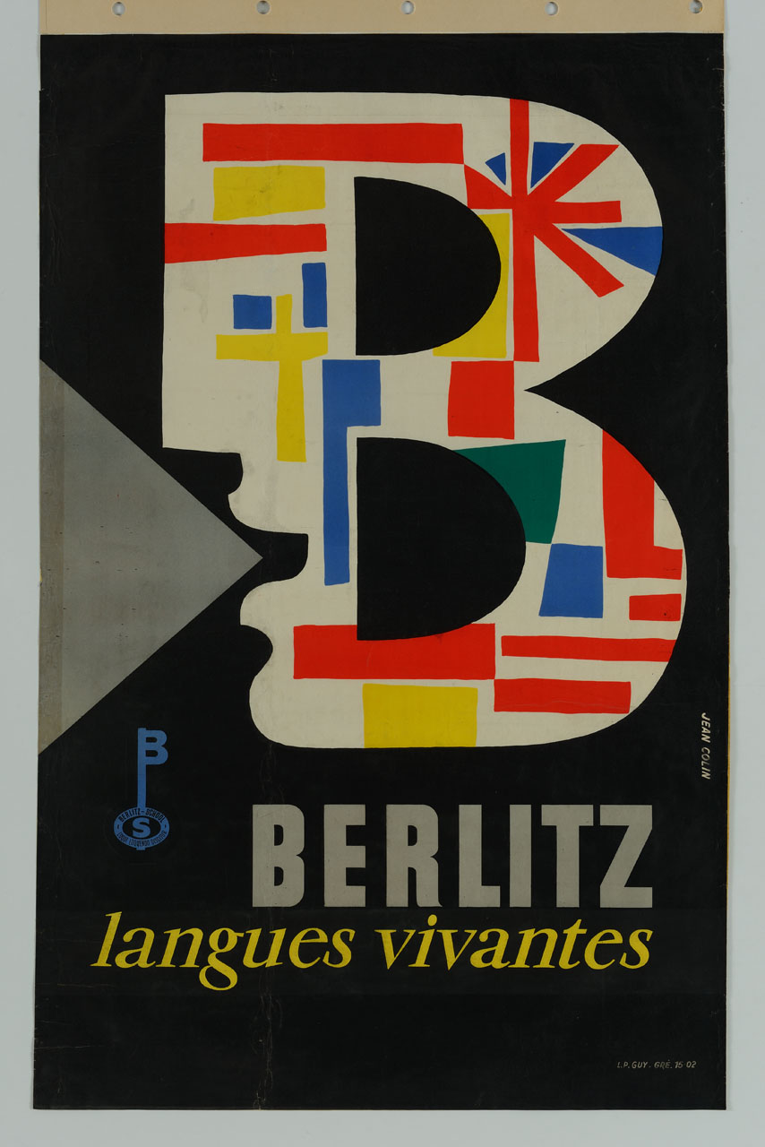 volto maschile di profilo costituito dalla lettera B e bandiere internazionali stilizzate (manifesto) di Colin Jean (terzo quarto sec. XX)