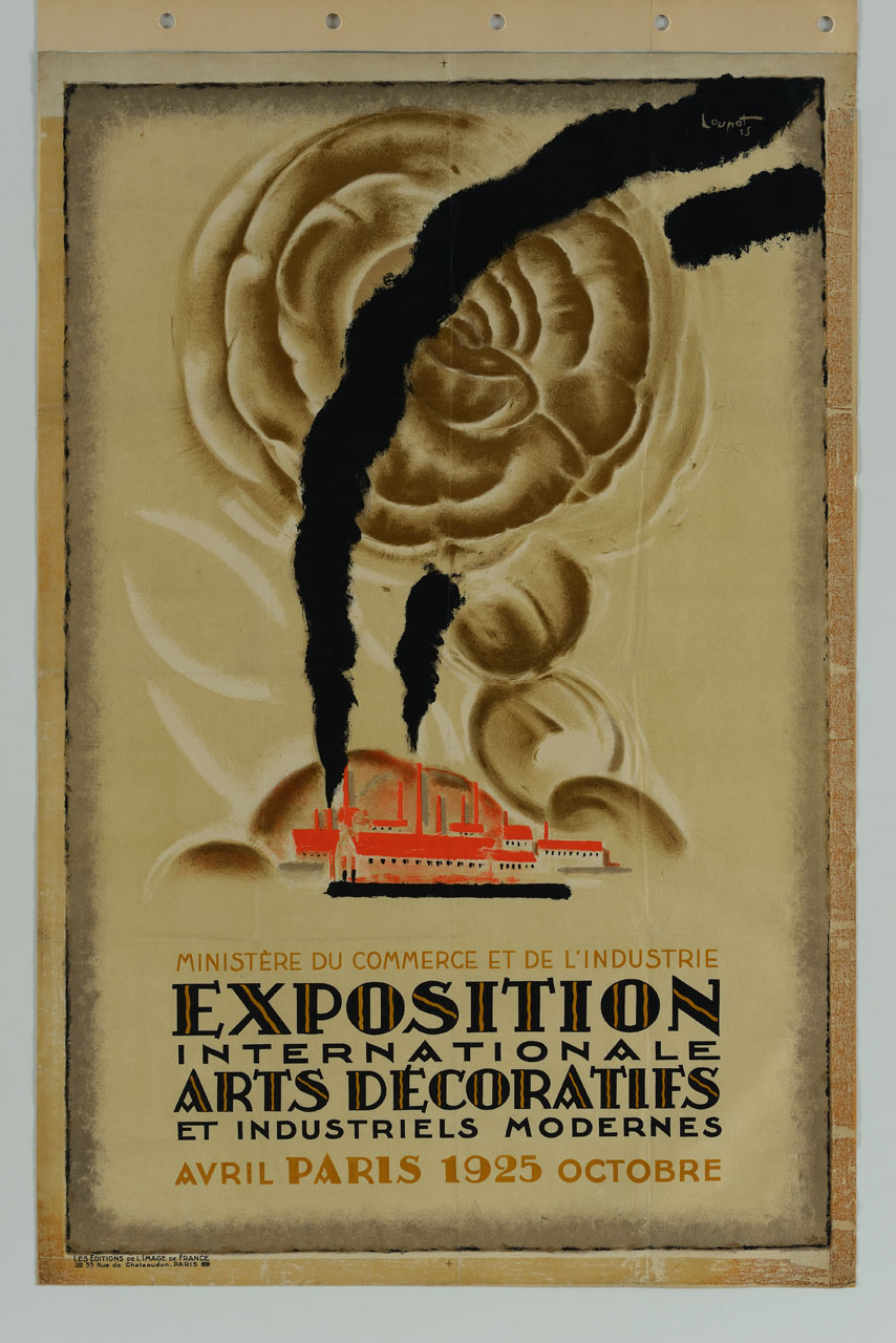 stabilimento industriale con ciminiere e fiore (manifesto) di Loupot Charles (sec. XX)