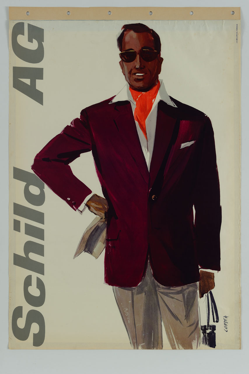 uomo in completo maschile con binocolo in mano (manifesto) di Looser Hans (sec. XX)