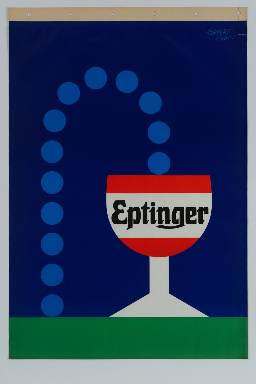 bicchiere a calice con gocce azzurre rotonde (manifesto) di Leupin Herbert (sec. XX)