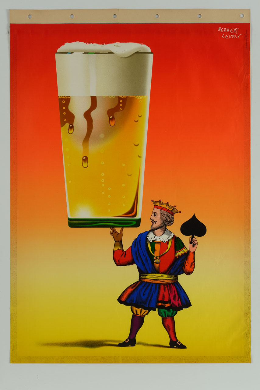re di picche con grande bicchiere di birra (manifesto) di Leupin Herbert (sec. XX)