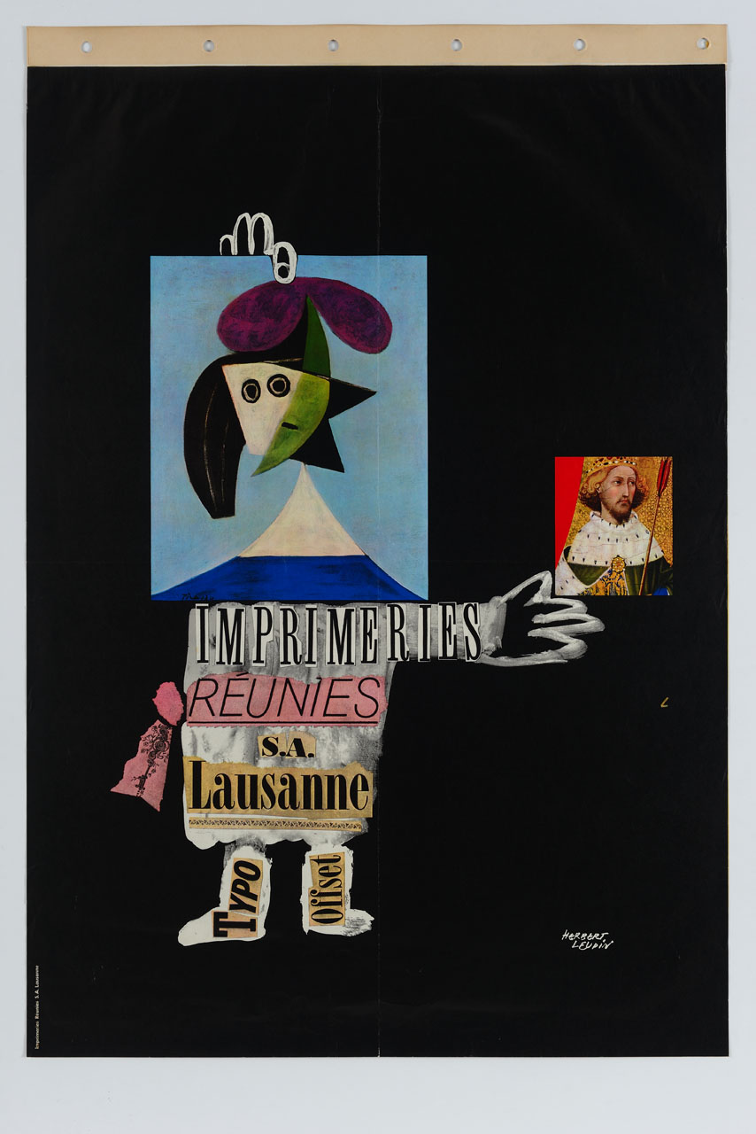 dipinto di Picasso e composizione con collage di giornali in forme antropomorfe (manifesto) di Leupin Herbert (sec. XX)