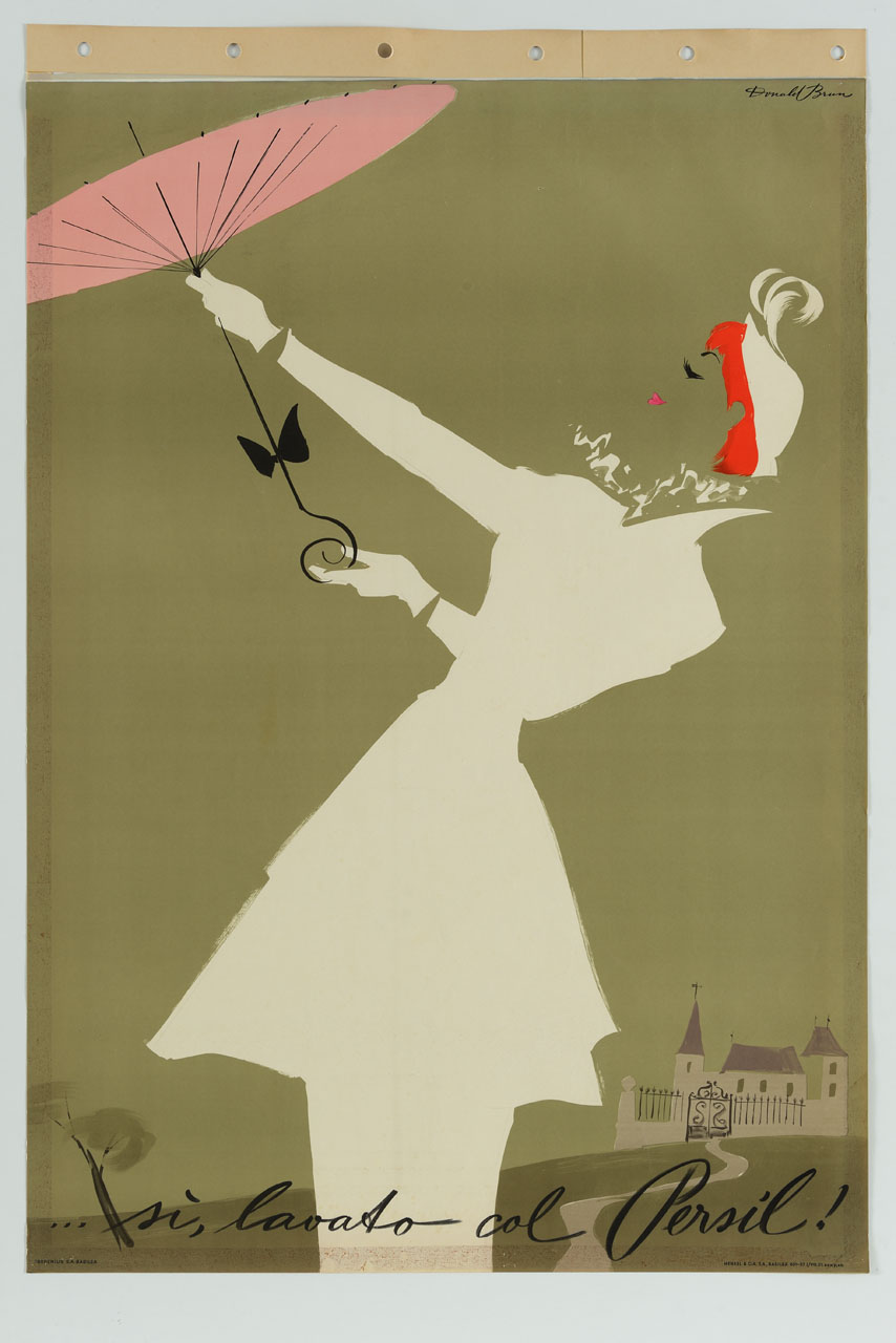 donna con ombrellino aperto e castello sul fondo (manifesto) di Brun Donald (sec. XX)