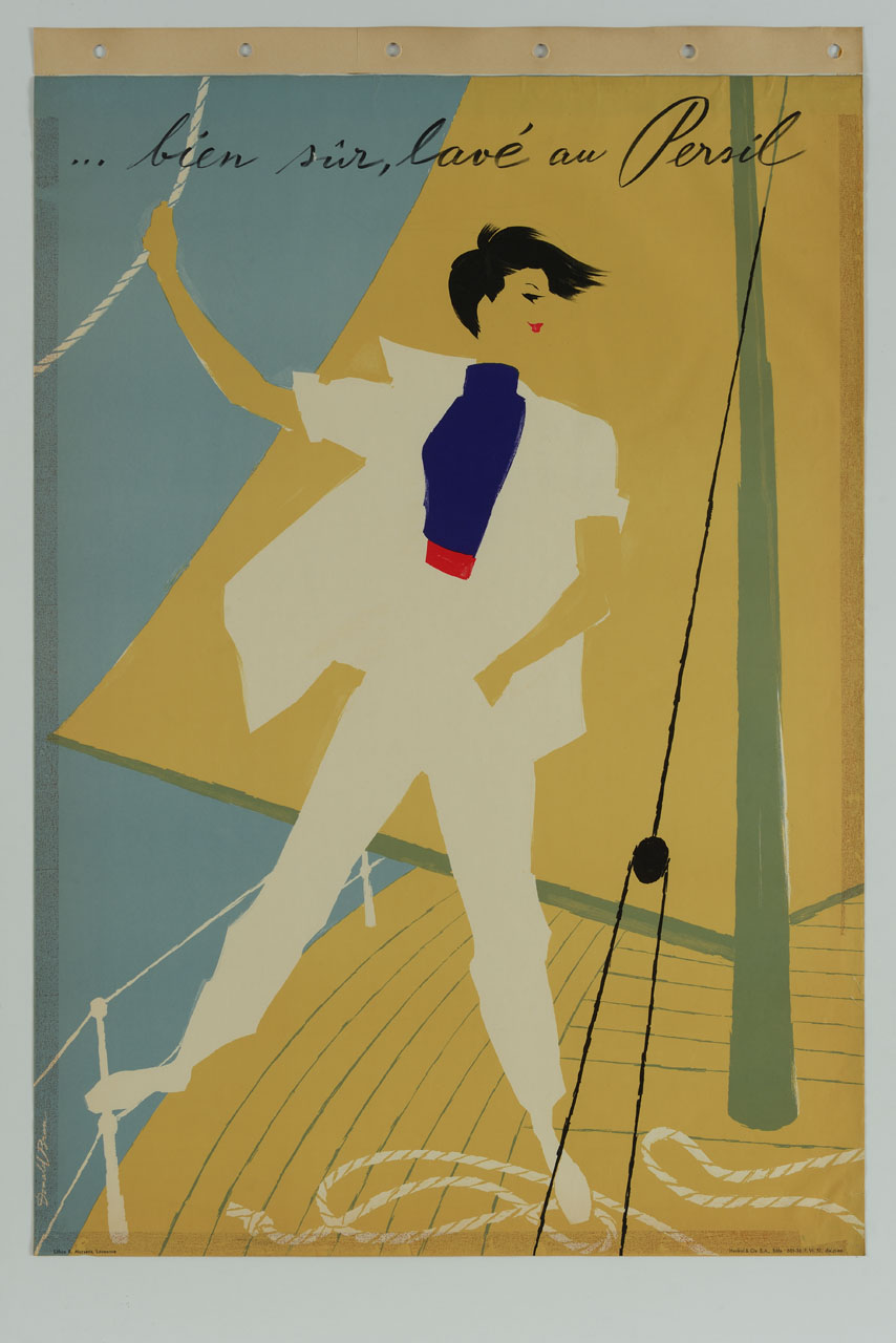donna in piedi su una barca a vela (manifesto) di Brun Donald (sec. XX)