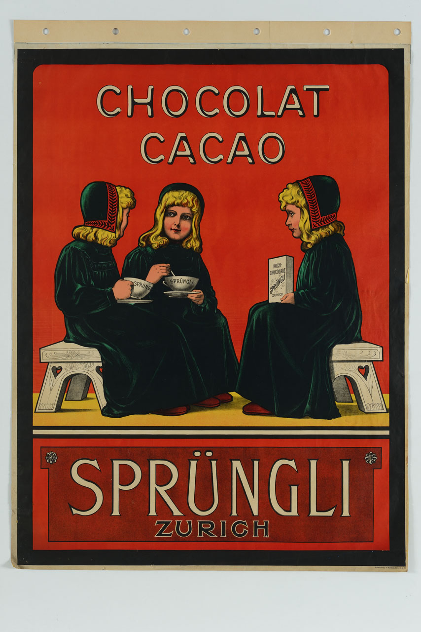 tre bambine sedute con tazze di cioccolato (manifesto) - ambito svizzero (sec. XX)