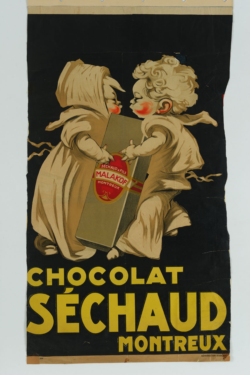 due bambini si contendono una confezione di cioccolato (manifesto) - ambito svizzero (sec. XX)