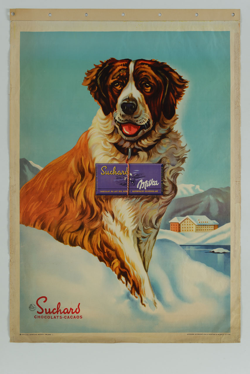 cane San Bernardo con tavoletta di cioccolata al collo (manifesto) - ambito svizzero (sec. XX)