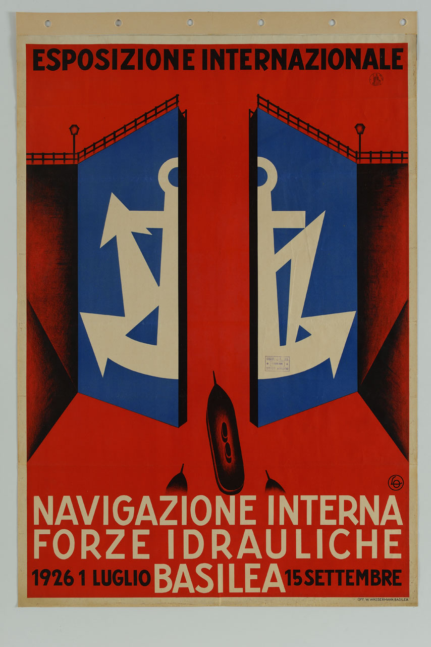 paratoia semi aperta con barche al passaggio (manifesto) - ambito svizzero (sec. XX)