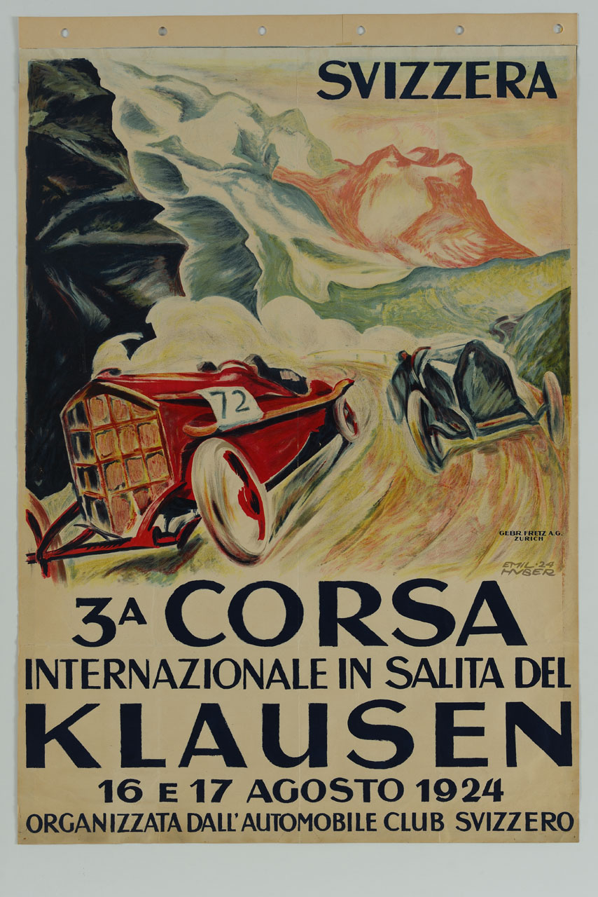automobili da corsa sullo sfondo di montagne (manifesto) di Huber Emil - ambito svizzero (sec. XX)