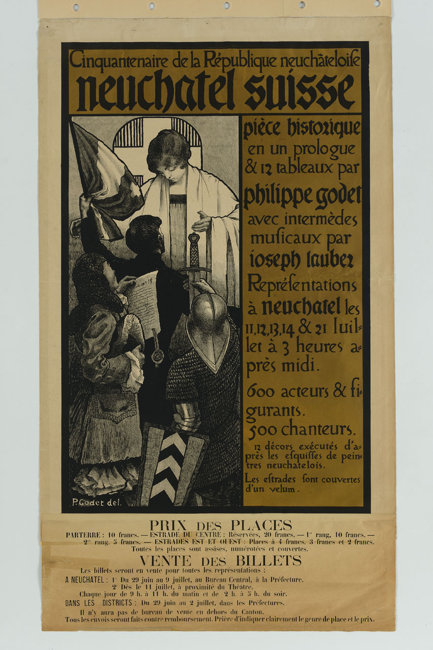 figura femminile accoglie i fondatori della Repubblica di Neuchâtel (manifesto) di Godet Philippe - ambito svizzero (sec. XIX)